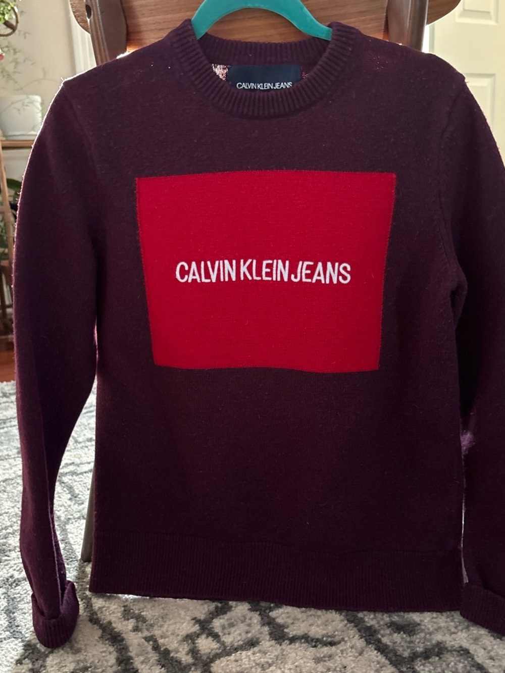 Calvin Klein Jeans Burgundy Crewneck Sweater with Red Logo Block
